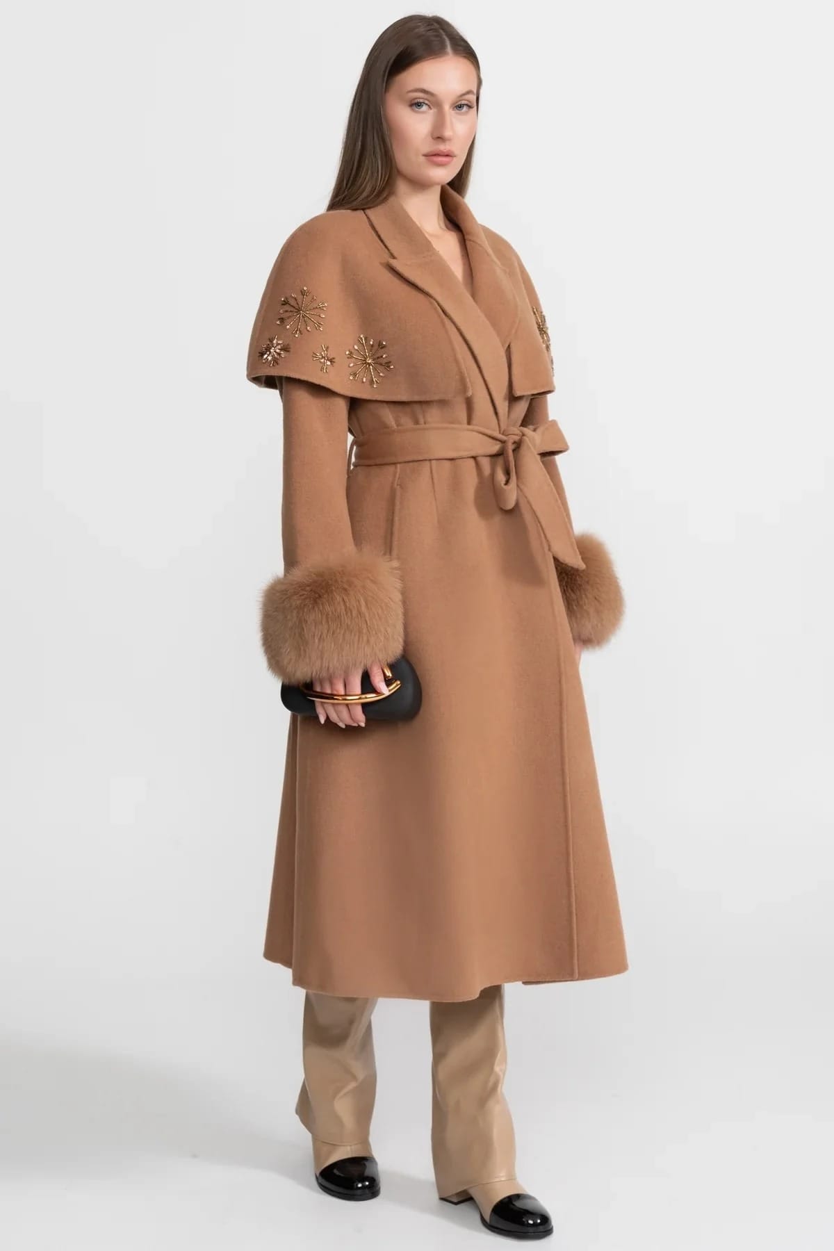 Embellished Long Coat with Fur Cuffs and Belt - Brown