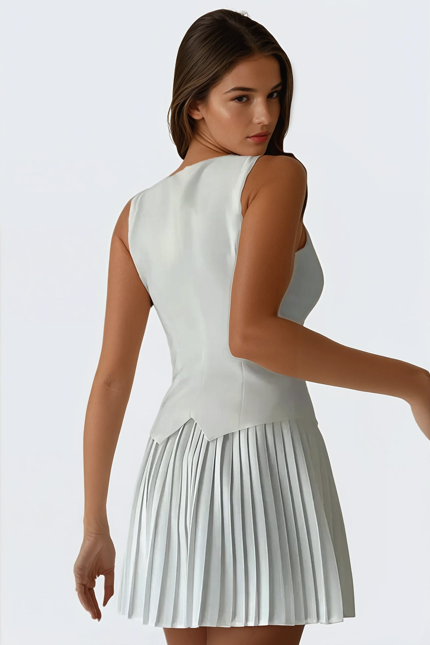 Sleeveless Vest with Pleated Skirt Two-Piece Set - White