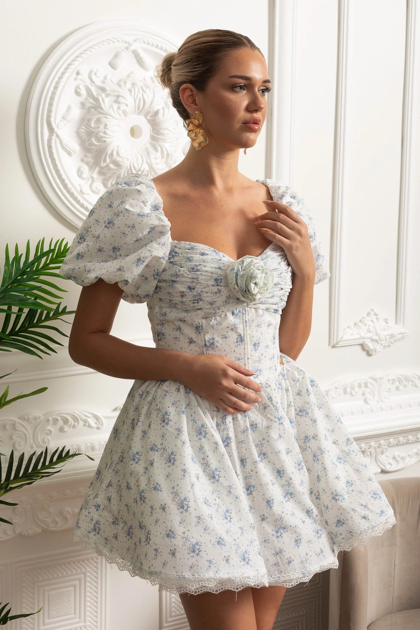 Puff Sleeve Mini Dress With Floral Print and Rosette Detail - Blue