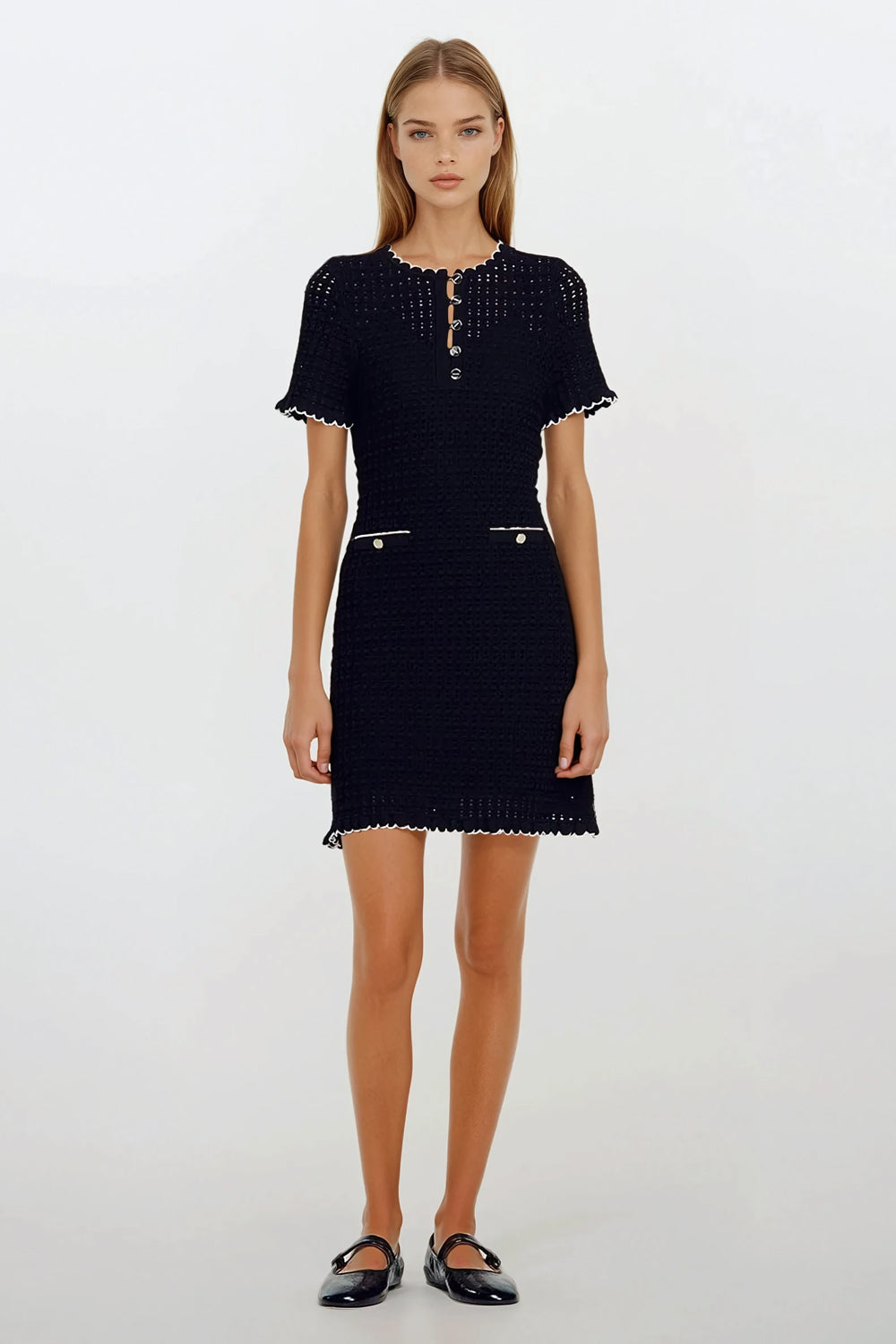 Textured Short Sleeve Mini Dress - Black