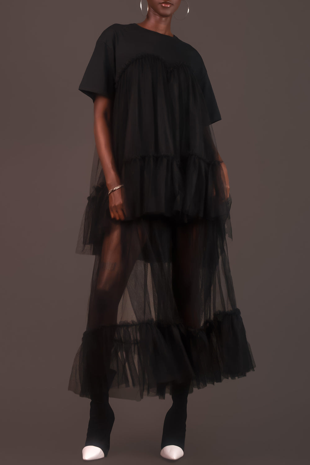 Layered Voluminous Midi Dress with Short Sleeves
