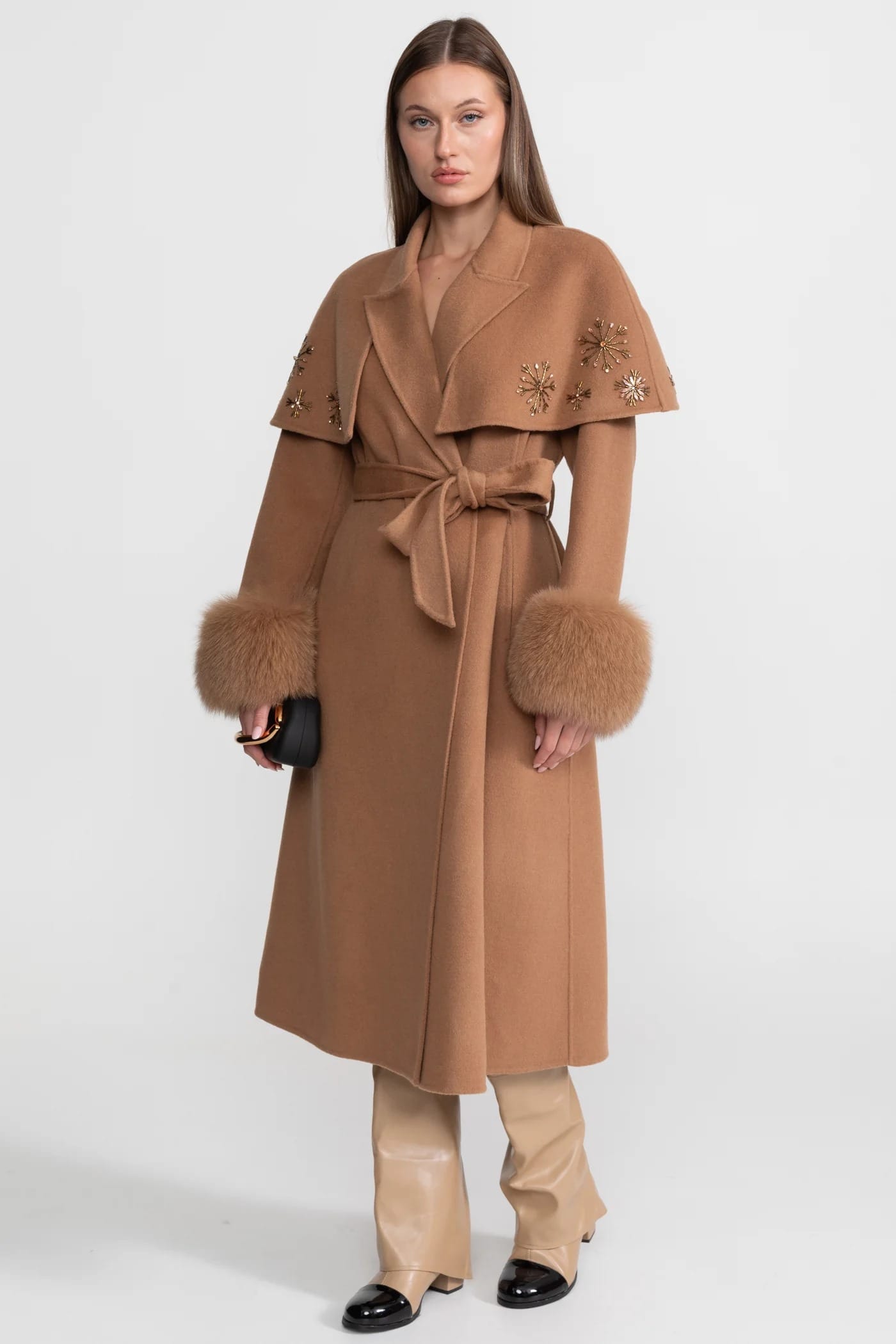 Embellished Long Coat with Fur Cuffs and Belt - Brown