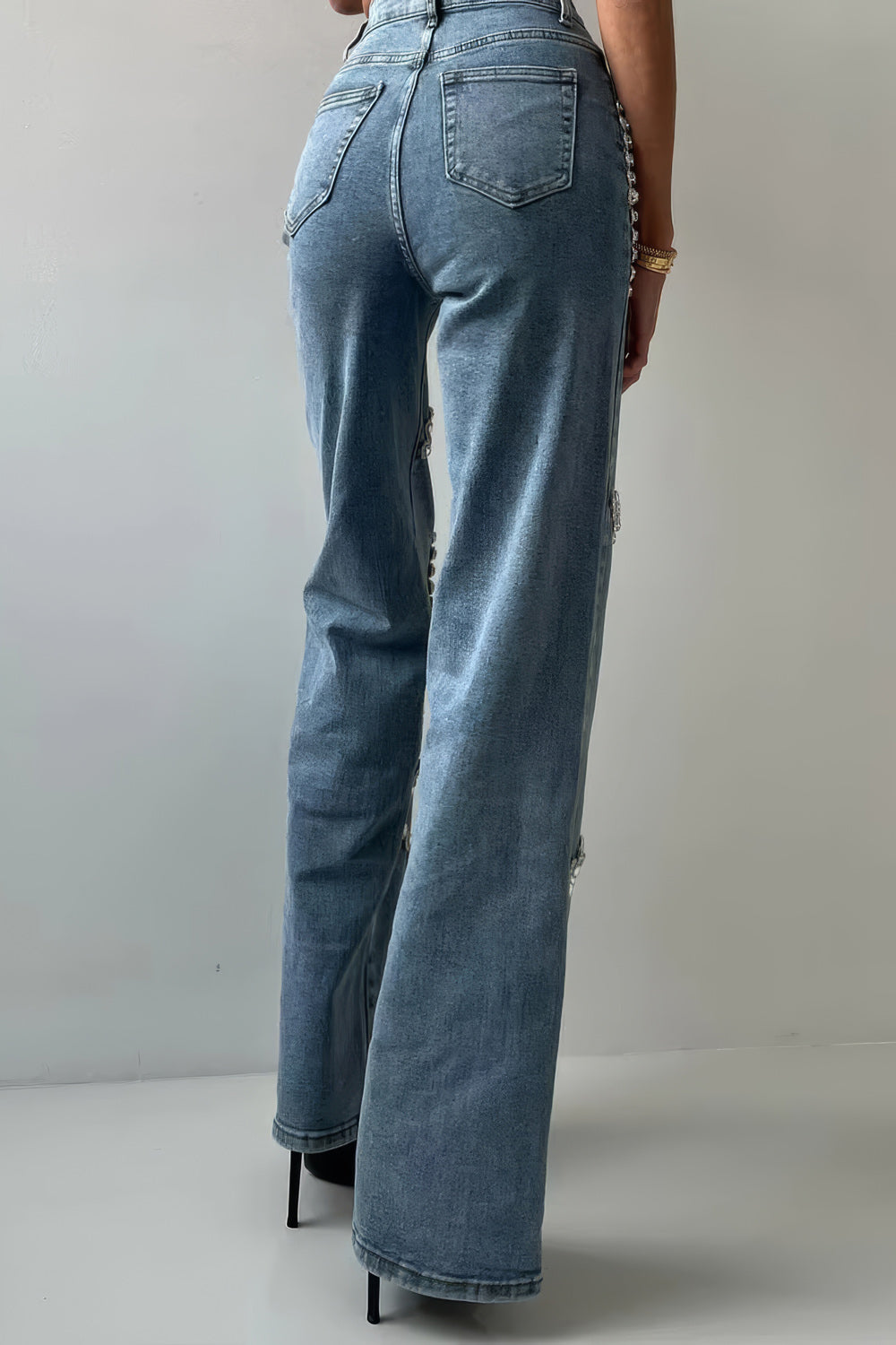 Pearl-Embellished High-Waisted Wide-Leg Jeans - Blue