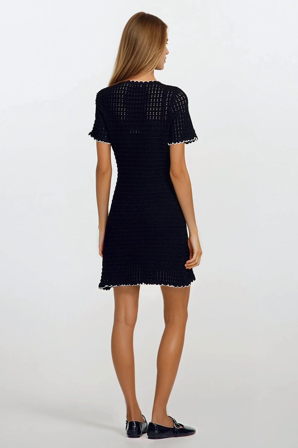 Textured Short Sleeve Mini Dress - Black