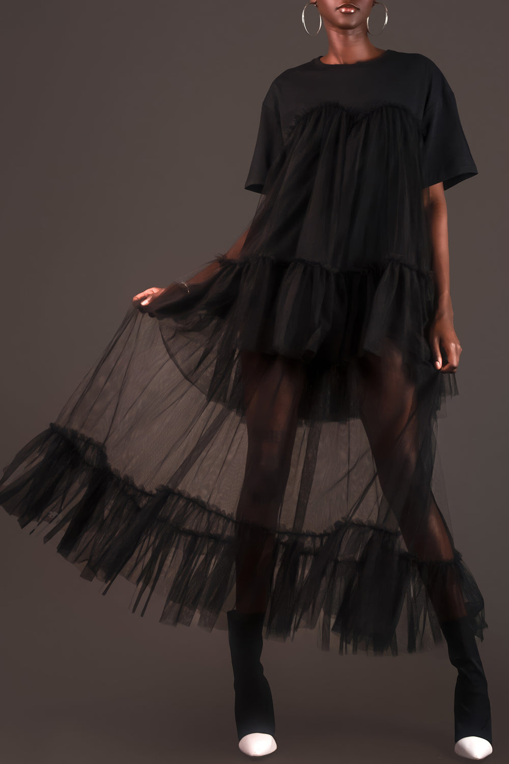 Layered Voluminous Midi Dress with Short Sleeves