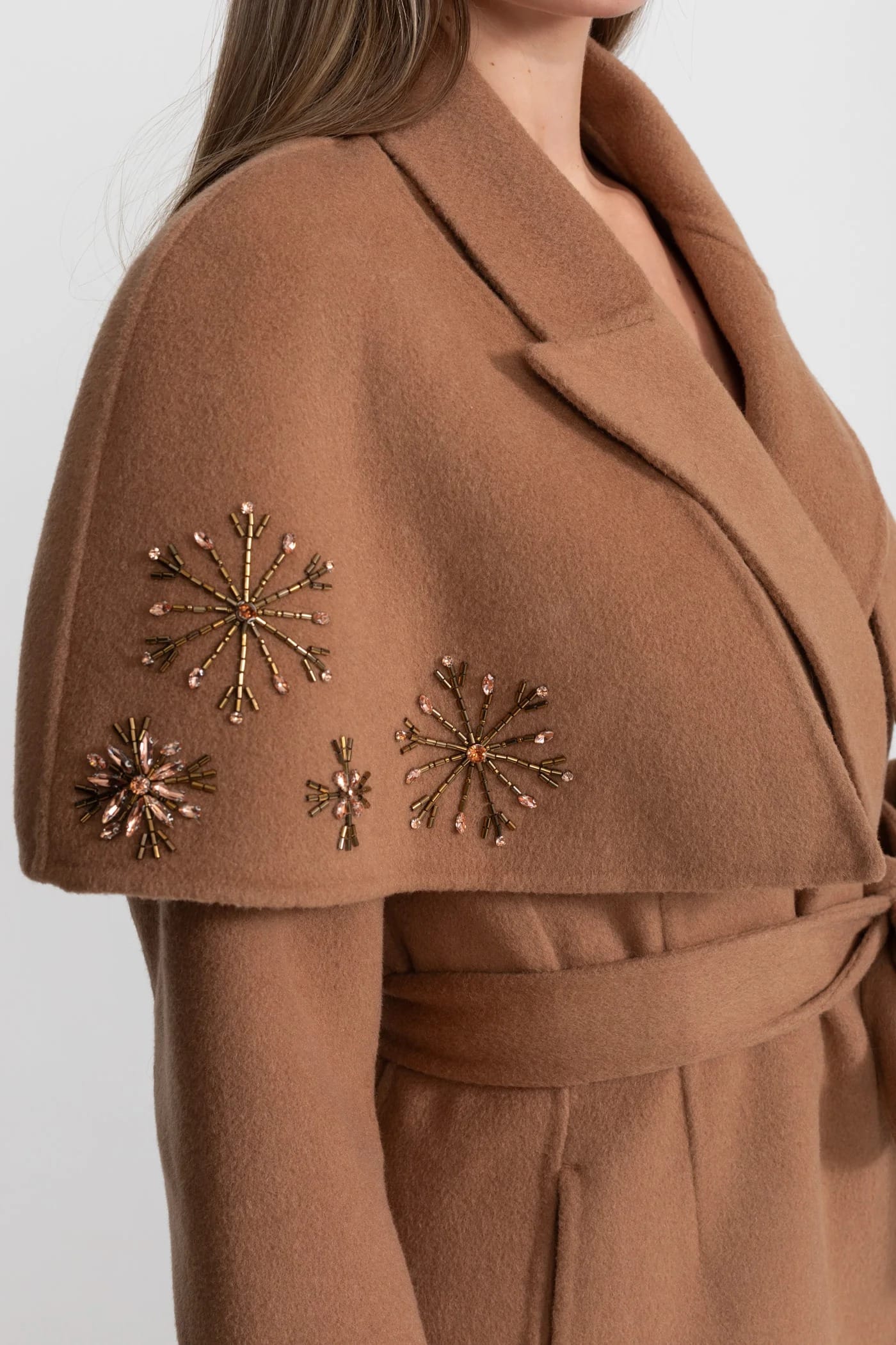 Embellished Long Coat with Fur Cuffs and Belt - Brown