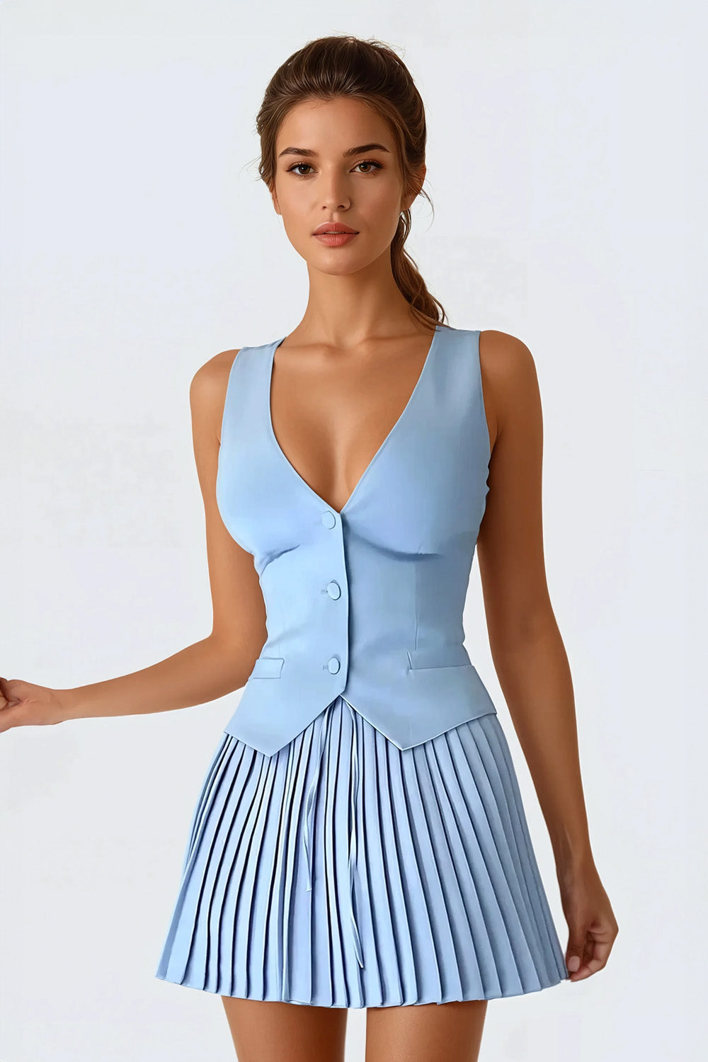 Sleeveless Vest with Pleated Skirt Two-Piece Set - Blue