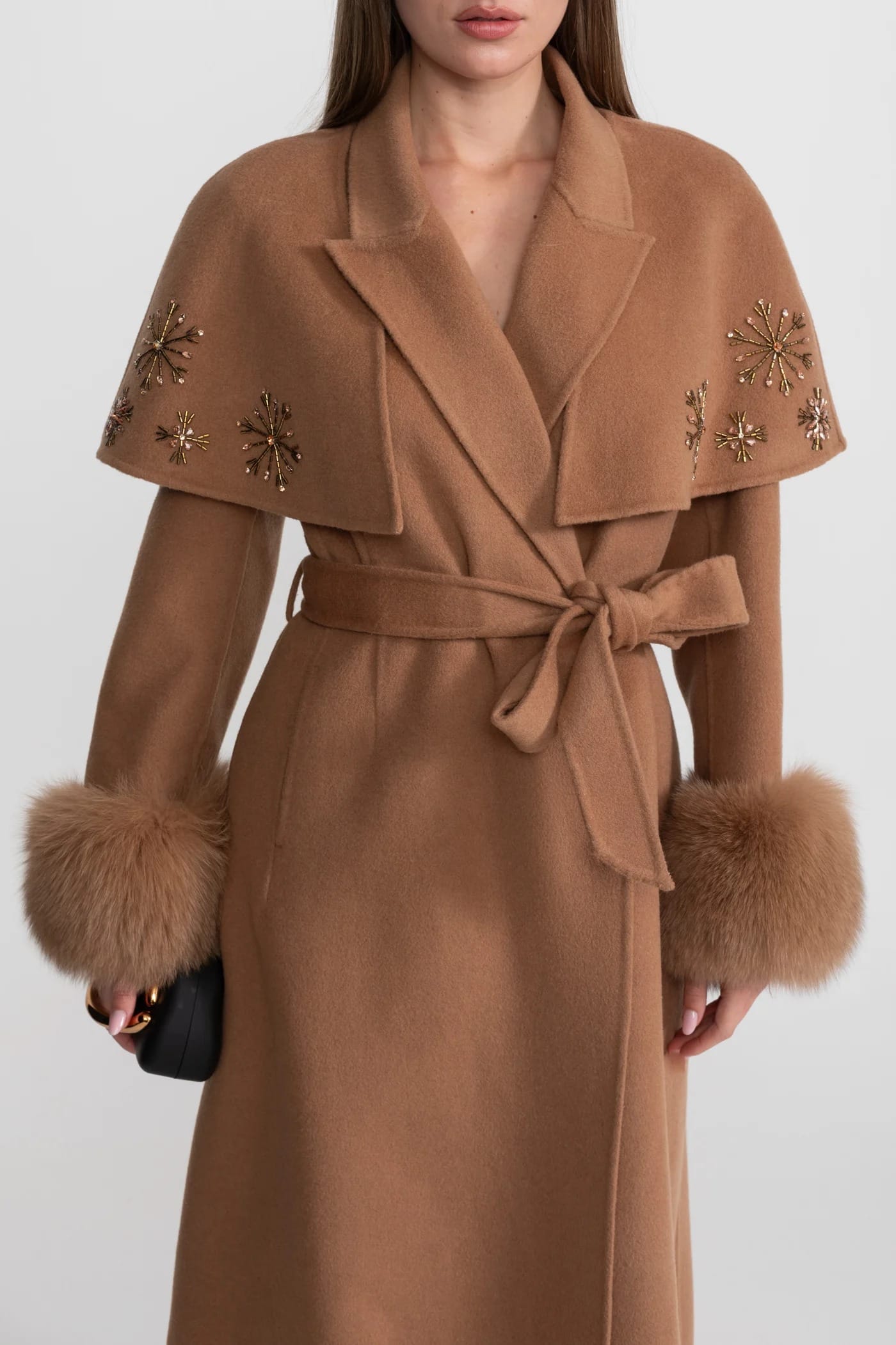 Embellished Long Coat with Fur Cuffs and Belt - Brown