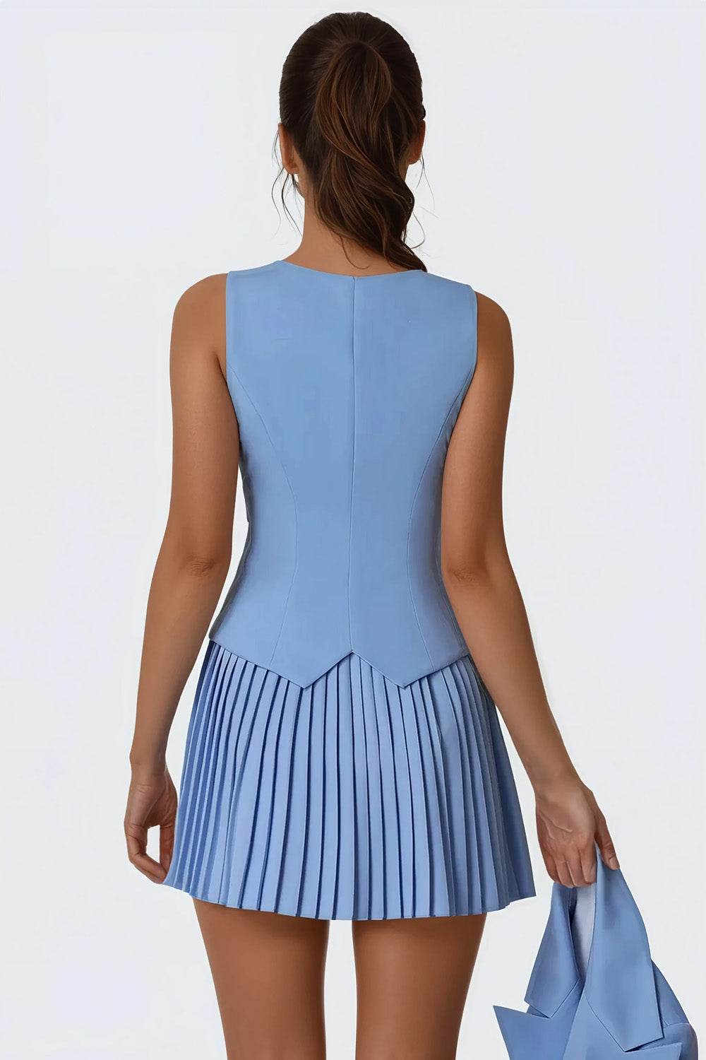 Sleeveless Vest with Pleated Skirt Two-Piece Set - Blue