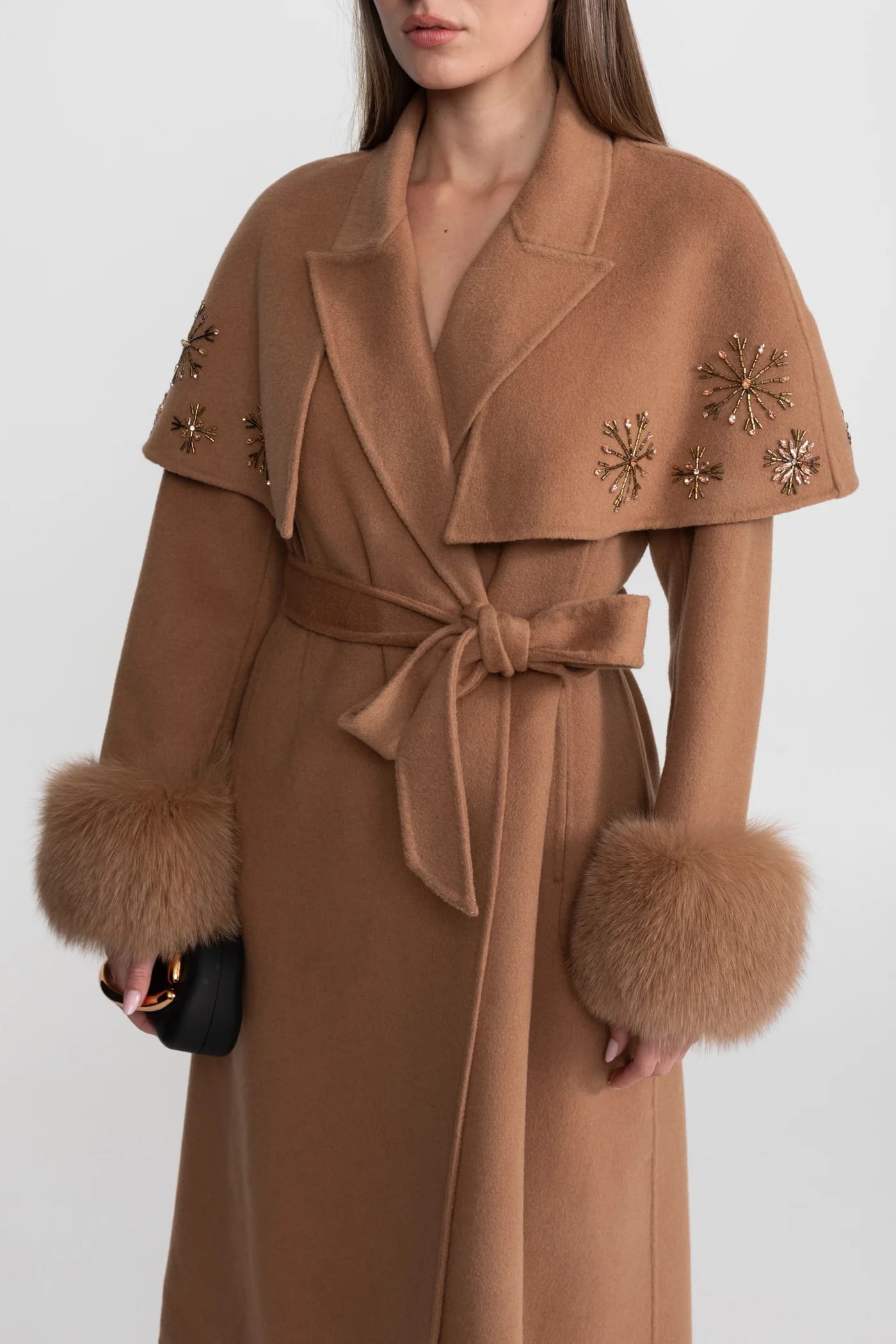Embellished Long Coat with Fur Cuffs and Belt - Brown