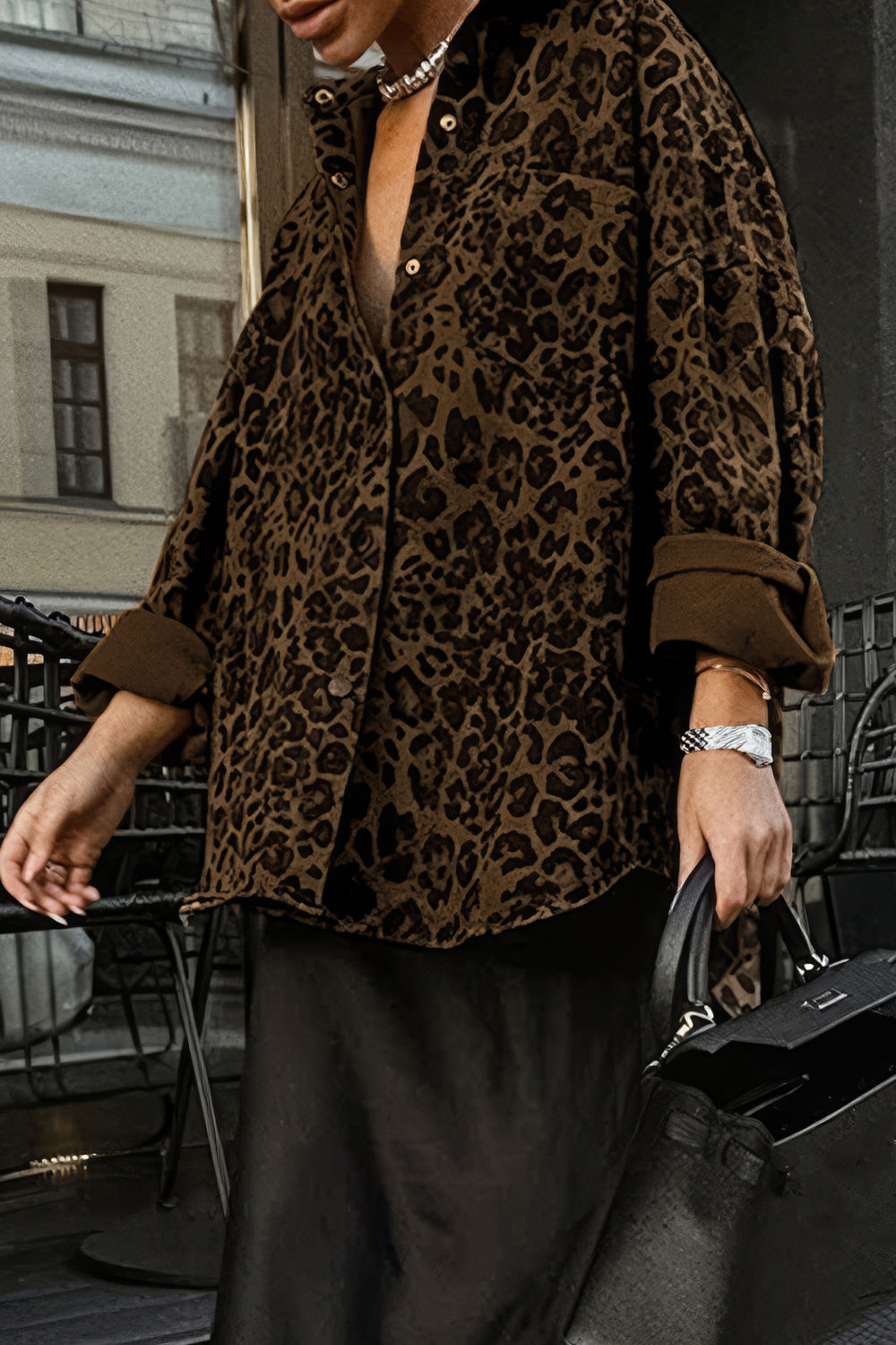 Oversized Leopard Print Shirt - Brown