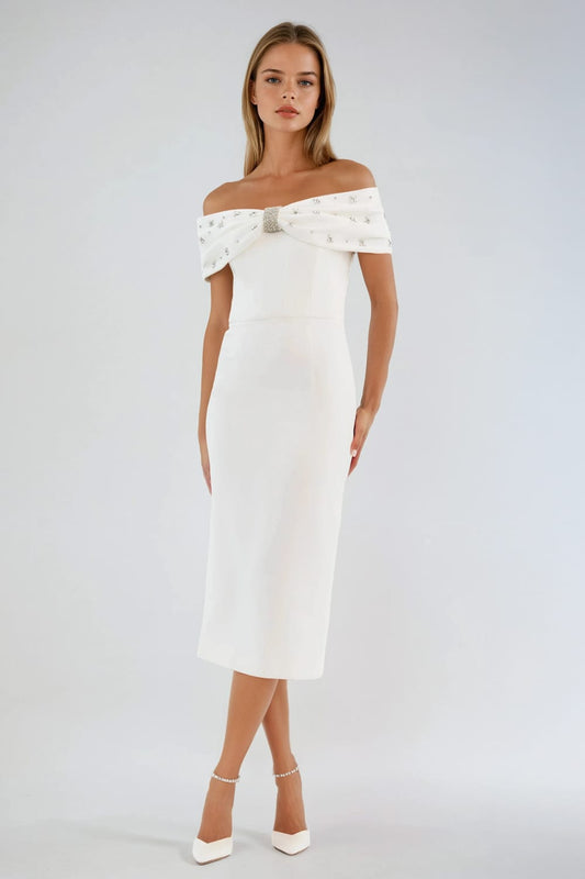 Off Shoulder Embellished Midi Dress - White