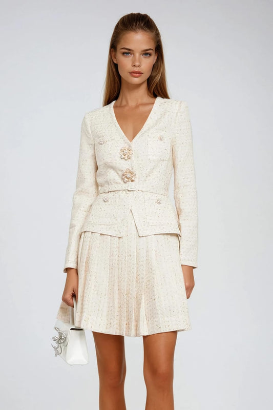 Two-Piece Set with Buttoned Jacket and Pleated Skirt - Apricot