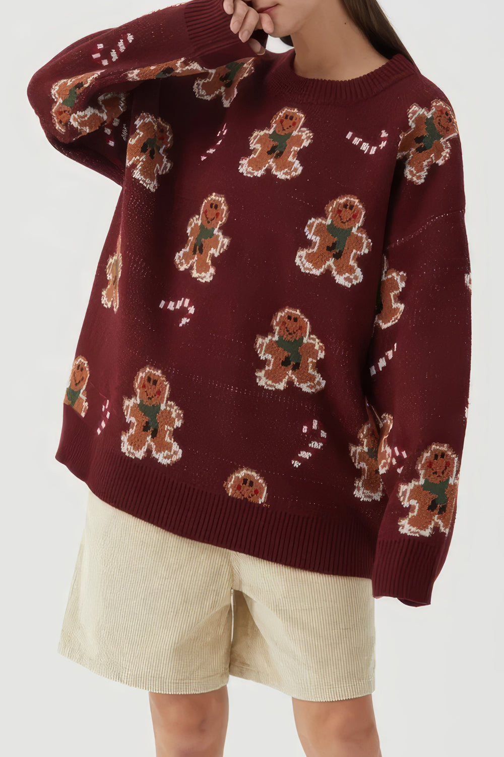 Oversized Gingerbread Print Sweatshirt - Burgundy