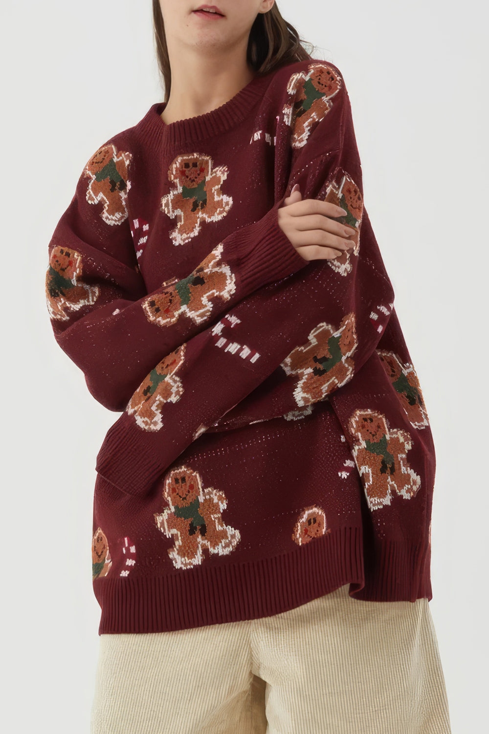 Oversized Gingerbread Print Sweatshirt - Burgundy