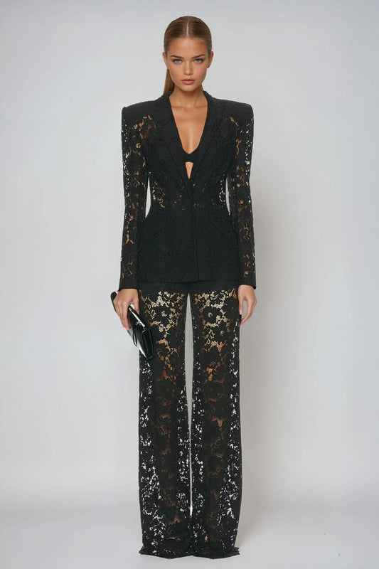 Two-Piece Set with Lace Blazer and Wide-Leg Trousers - Black