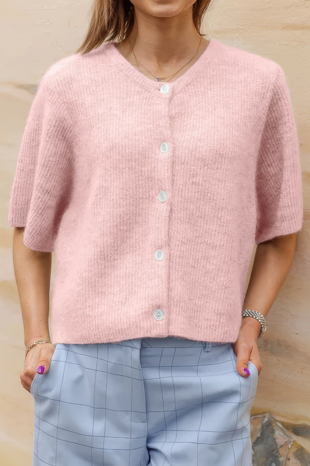 Short Sleeve Button-Up Sweater