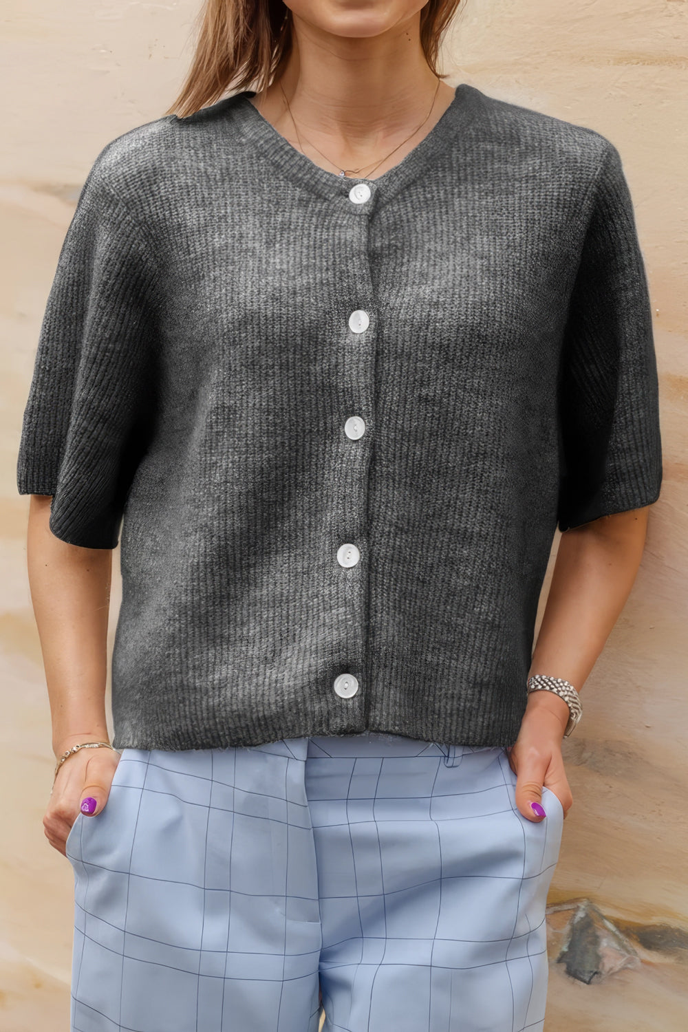 Short Sleeve Button-Up Sweater
