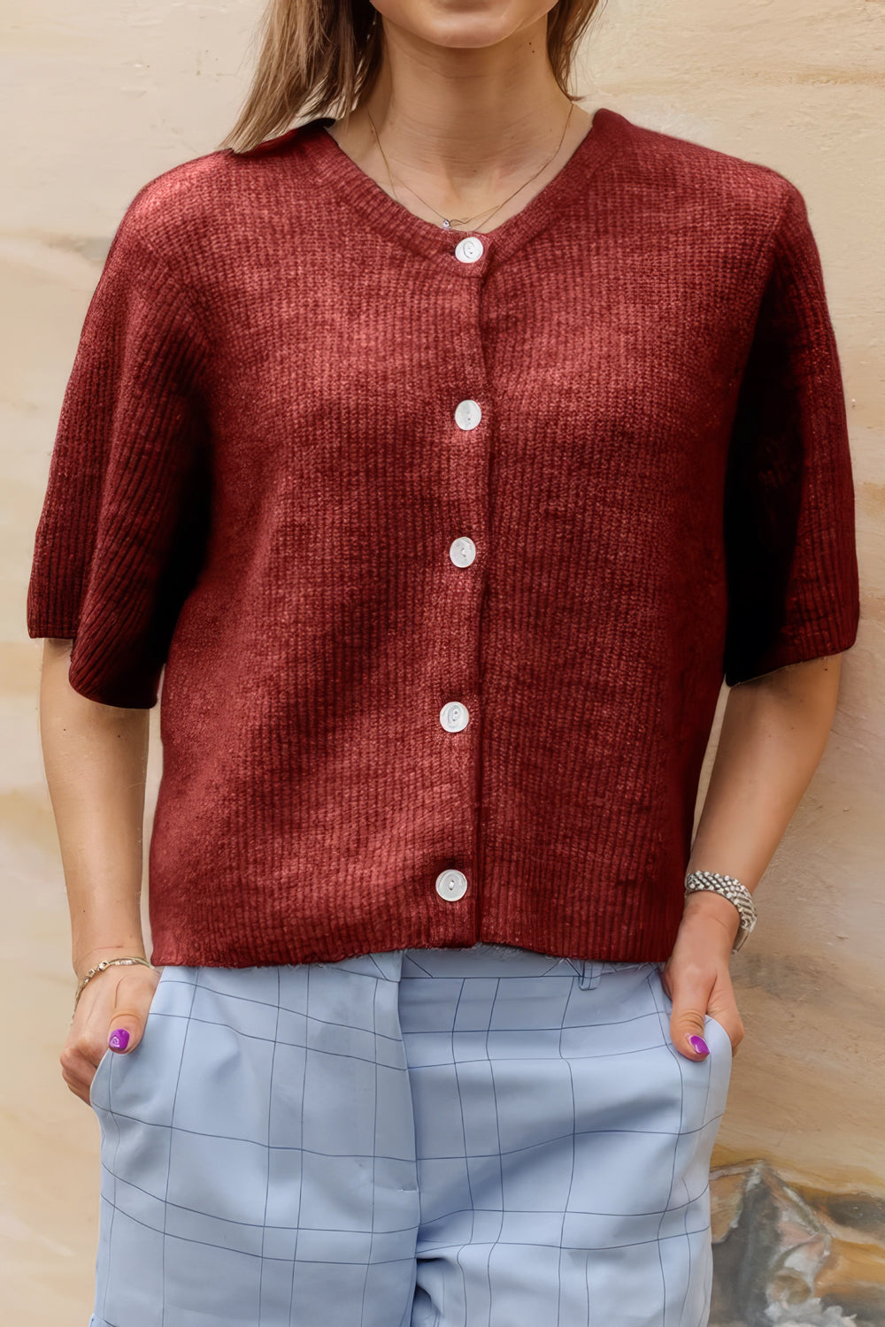 Short Sleeve Button-Up Sweater