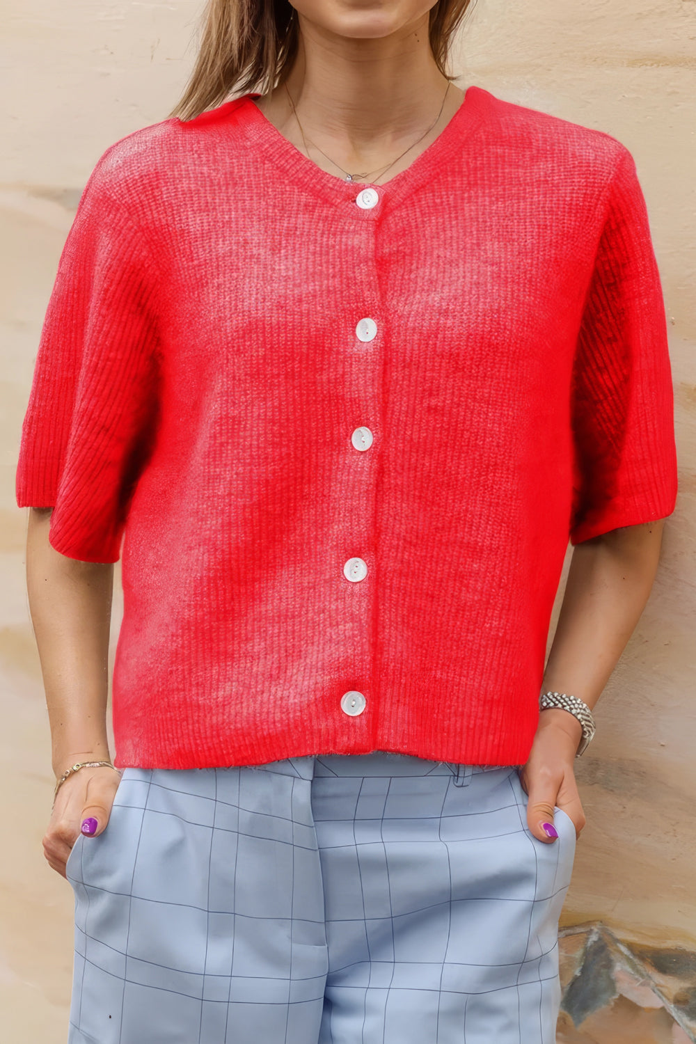Short Sleeve Button-Up Sweater
