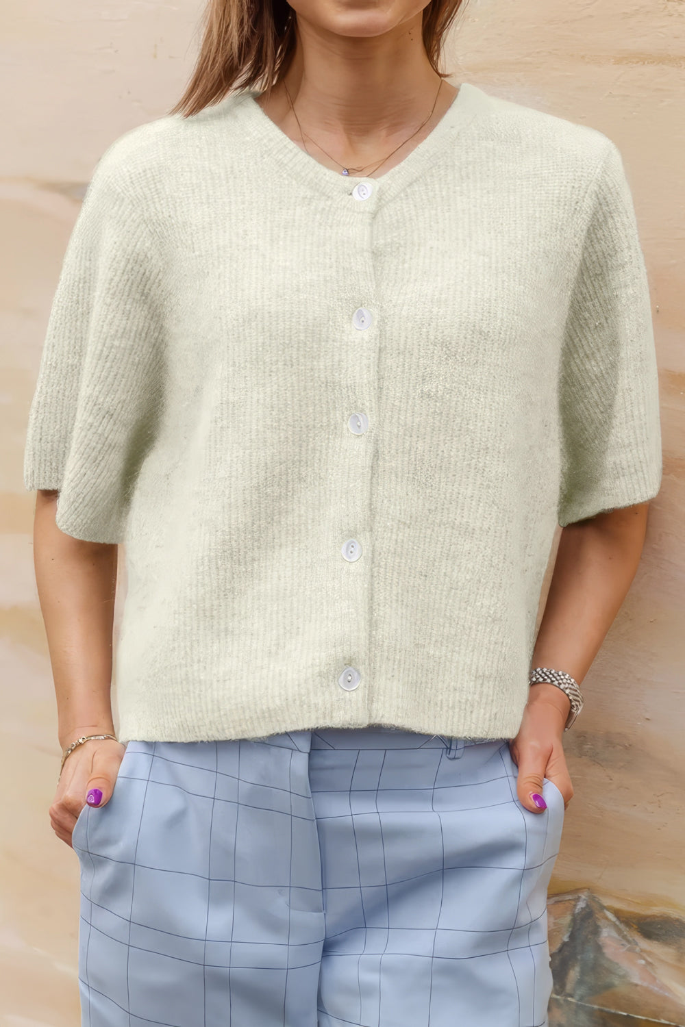 Short Sleeve Button-Up Sweater