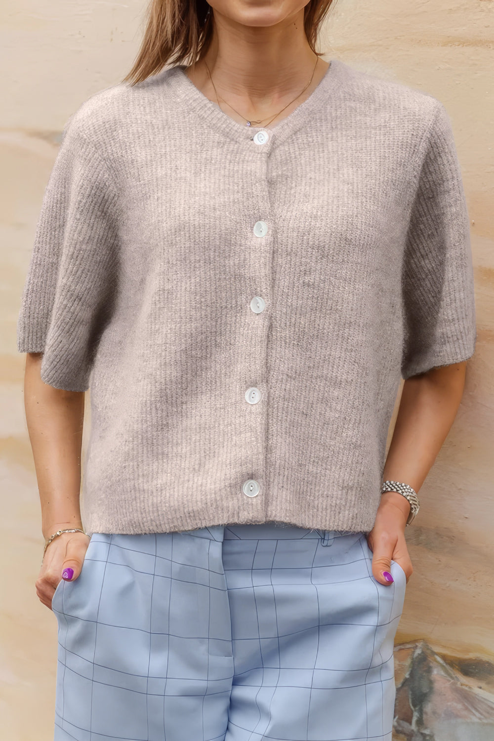 Short Sleeve Button-Up Sweater