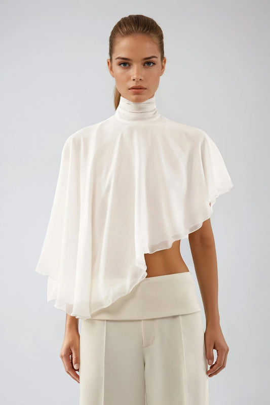 High Neck Draped Top with Flowing Back Panels - White