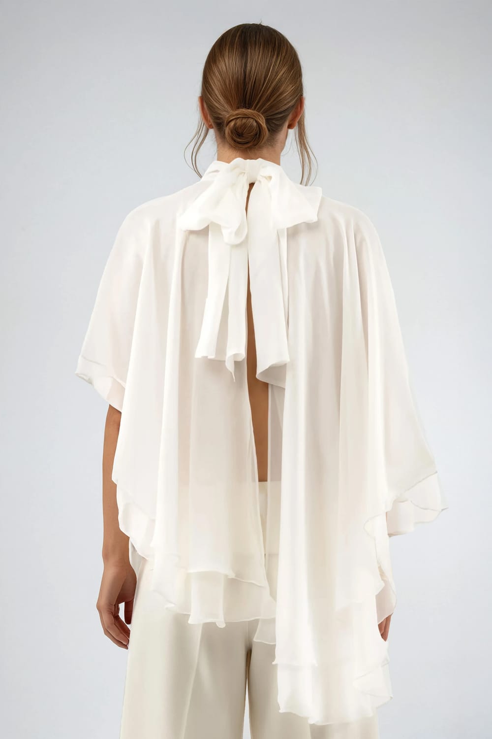 High Neck Draped Top with Flowing Back Panels - White