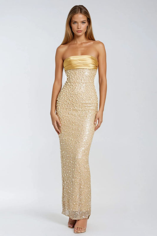 Strapless Beaded Maxi Dress with Back Slit - Gold