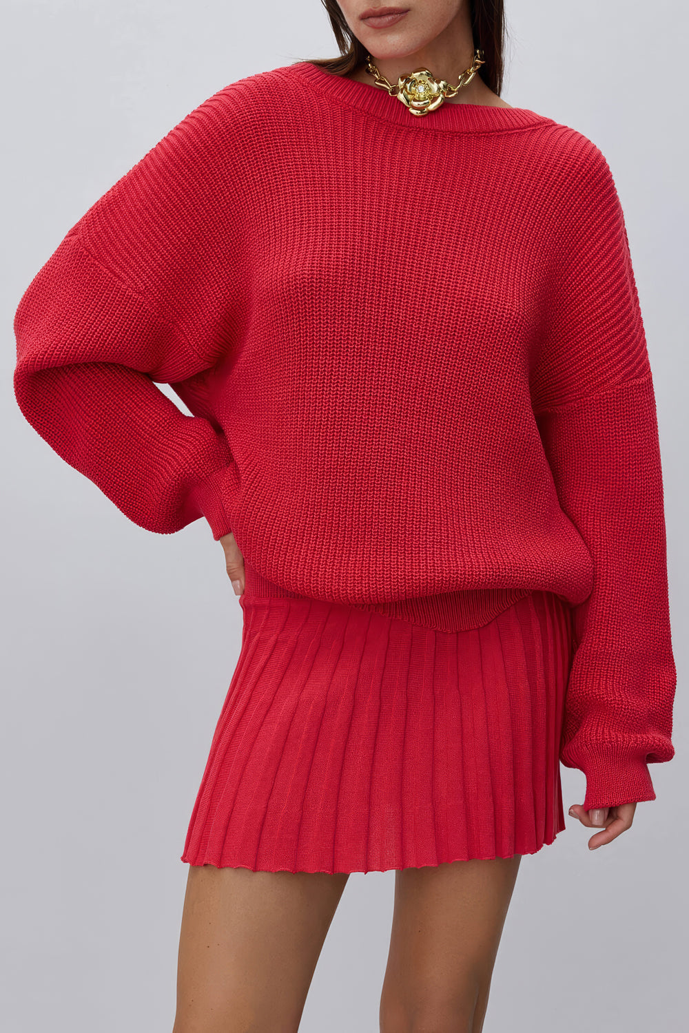 Two-Piece Set with Oversized Sweater and Pleated Mini Skirt