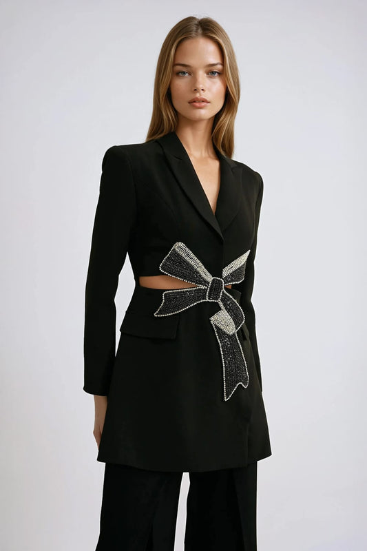 Mini Dress with Crystal Bow Detail - Black