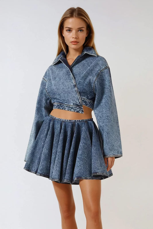 Two-Piece Denim Set with Cropped Jacket and Pleated Mini Skirt - Blue