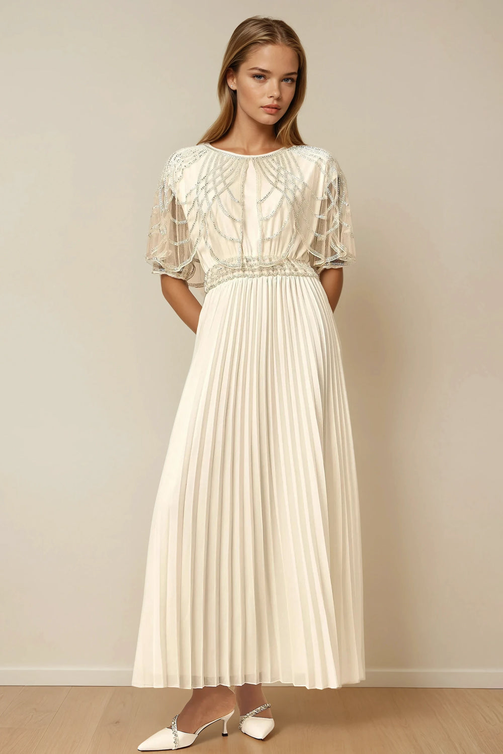 Embellished Pleated Maxi Dress with Sheer Cape Sleeves - White