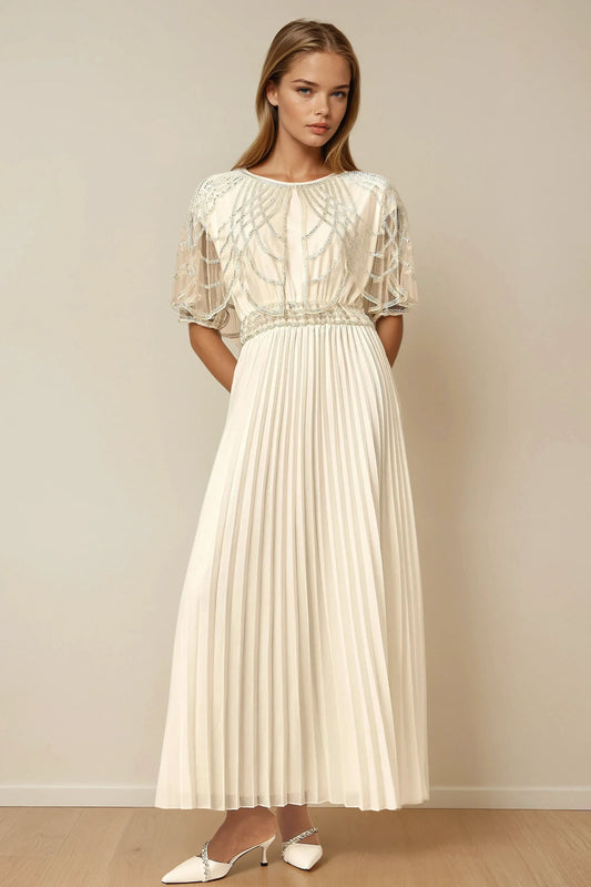 Embellished Pleated Maxi Dress with Sheer Cape Sleeves - White