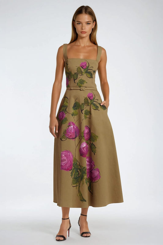 Square Neck Midi Dress with Floral Pattern - Beige