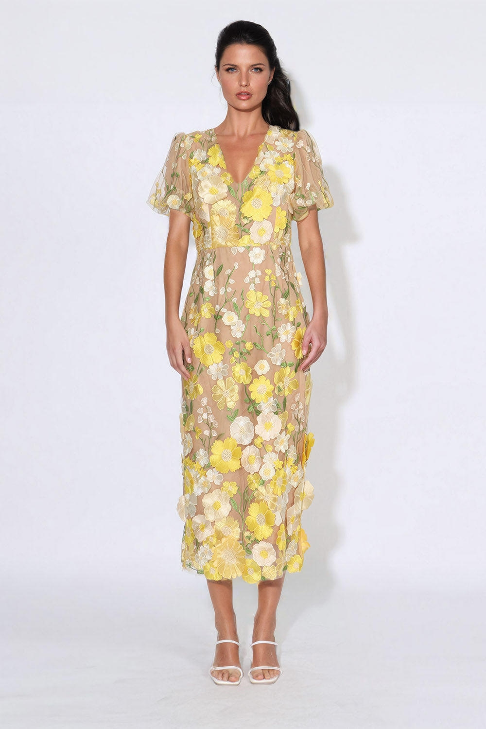 Floral Midi Dress with Back Slit - Yellow