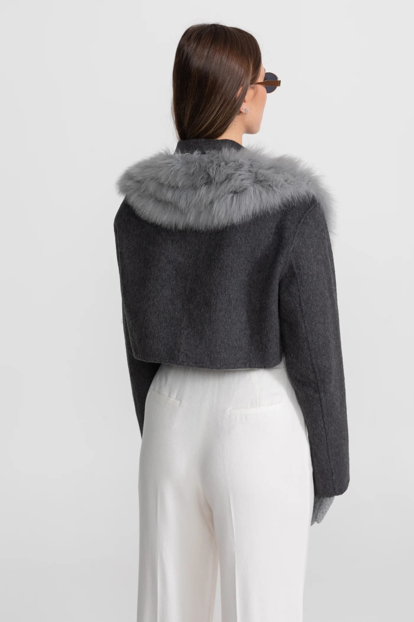 Cropped Jacket with Fur Trim - Gray