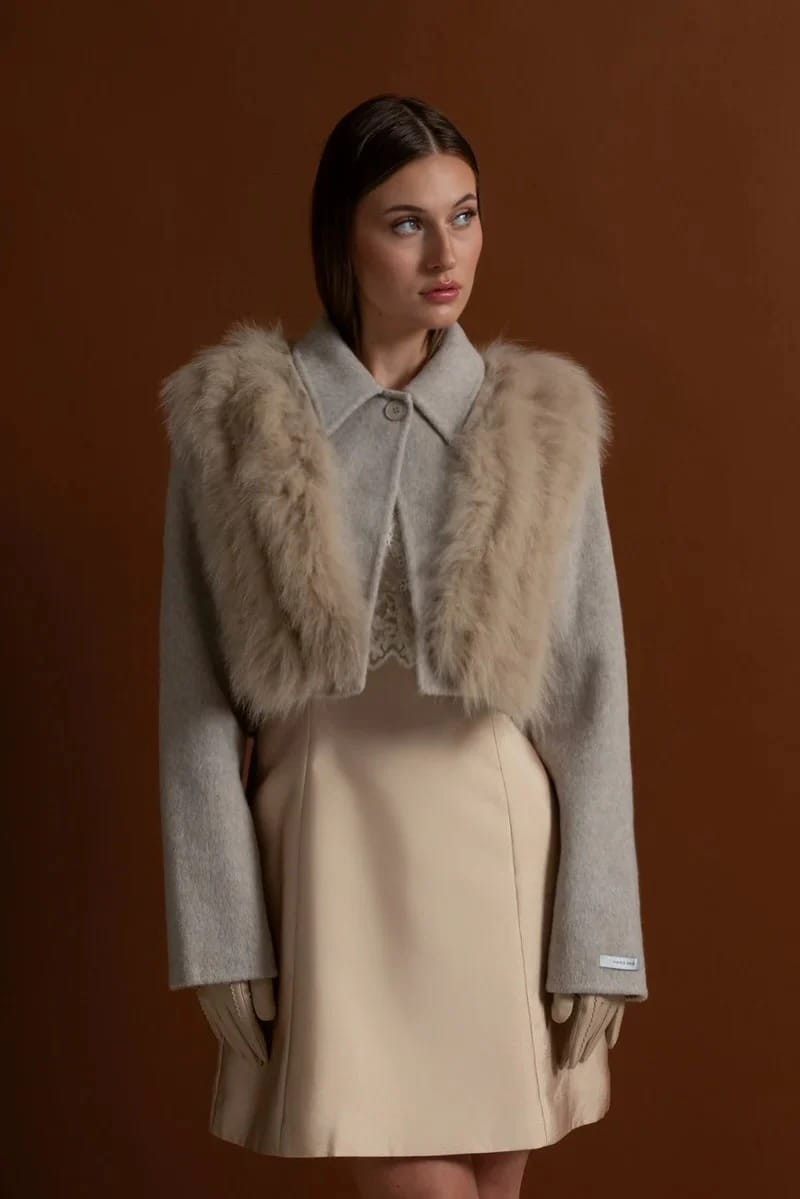 Cropped Jacket with Fur Trim - Beige