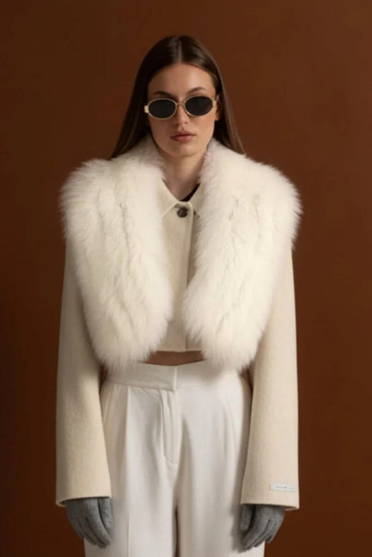 Cropped Jacket with Fur Trim - White
