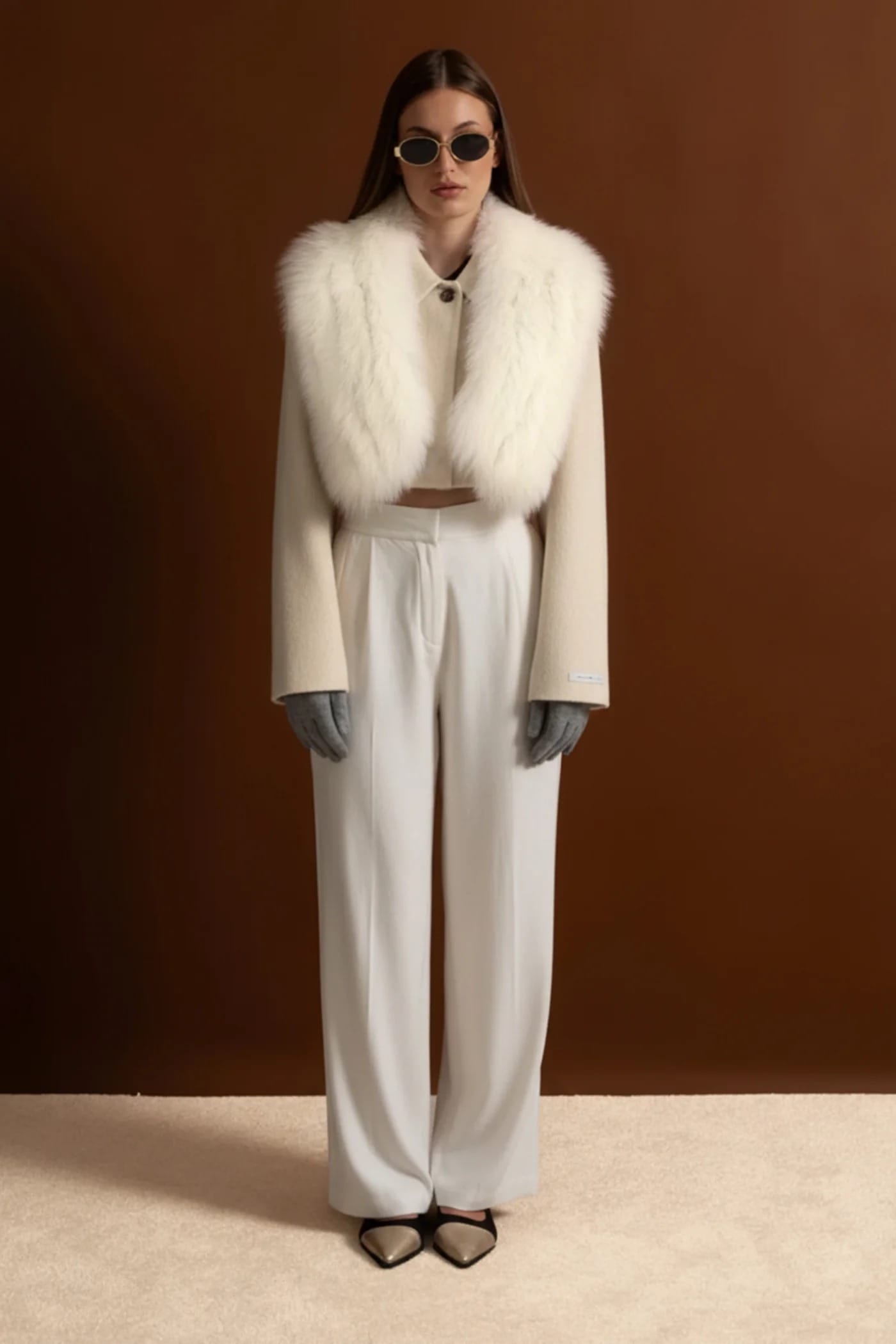 Cropped Jacket with Fur Trim - White