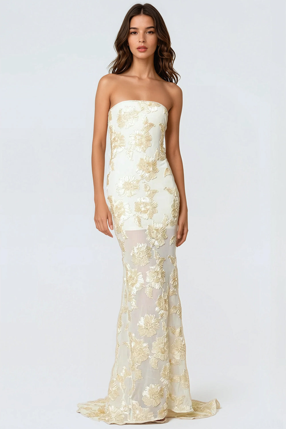 Strapless Maxi Dress with Floral Appliqués - Ivory