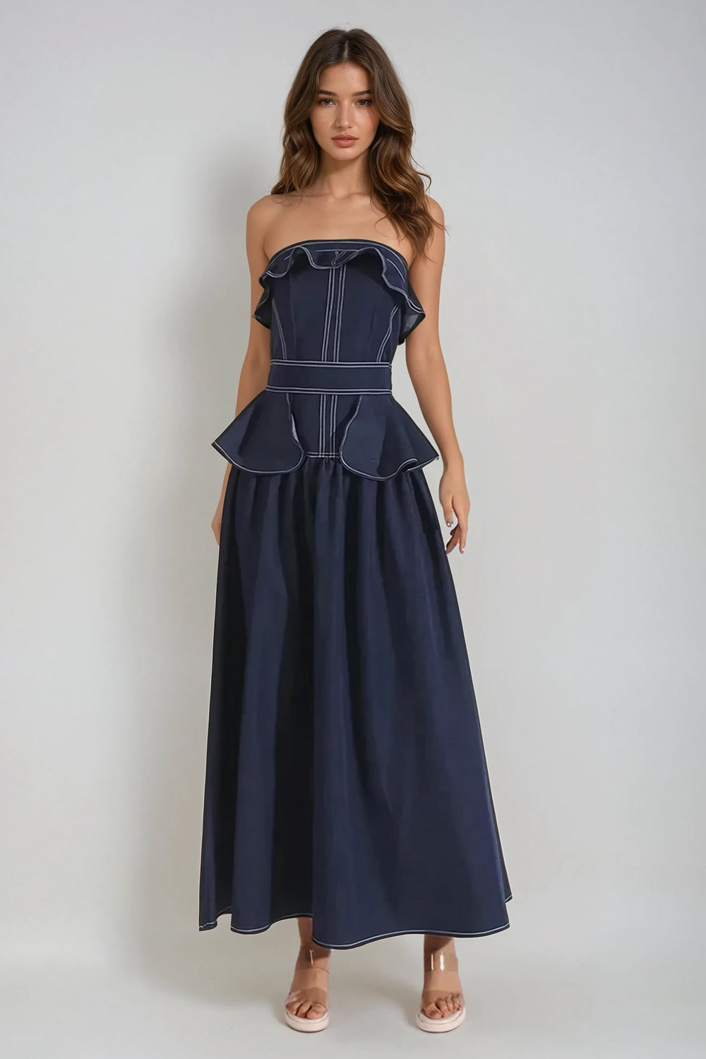 Strapless Ruffled Peplum Maxi Dress - Blue