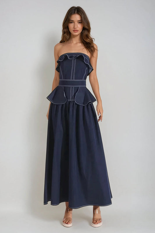 Strapless Ruffled Peplum Maxi Dress - Blue