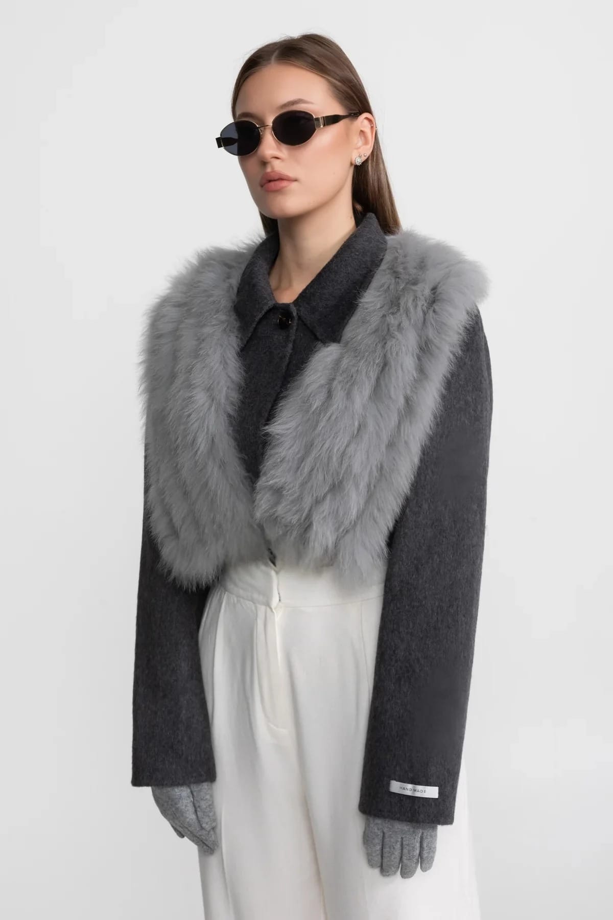 Cropped Jacket with Fur Trim - Gray