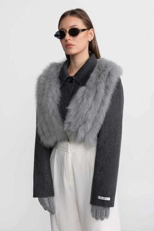 Cropped Jacket with Fur Trim - Gray