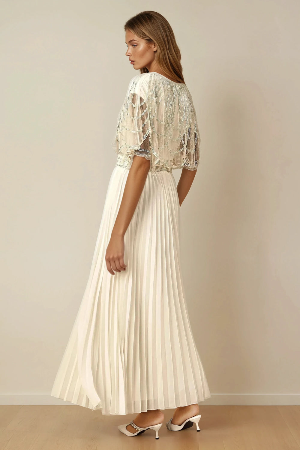 Embellished Pleated Maxi Dress with Sheer Cape Sleeves - White