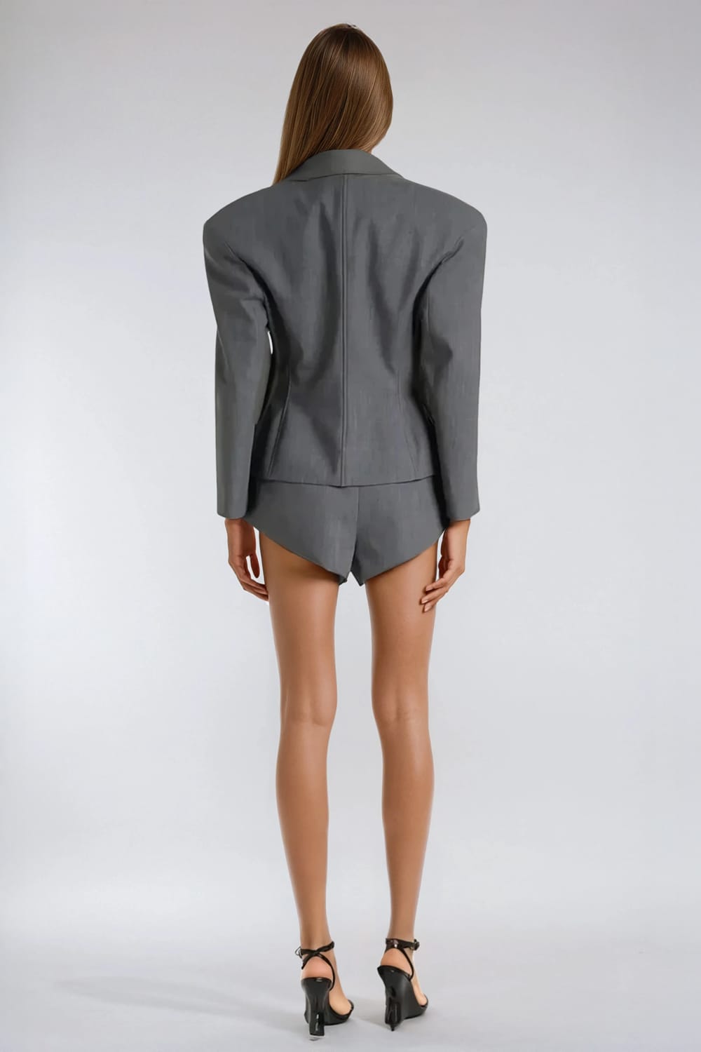 Two-Piece Set with Structured Long Sleeve Blazer with Shorts - Gray