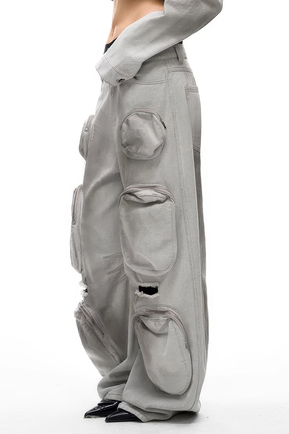 Distressed Wide-Leg Jeans with Pocket Details