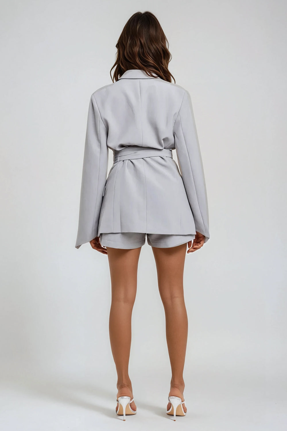 Single-Breasted Belted Blazer with Flared Sleeves - Gray