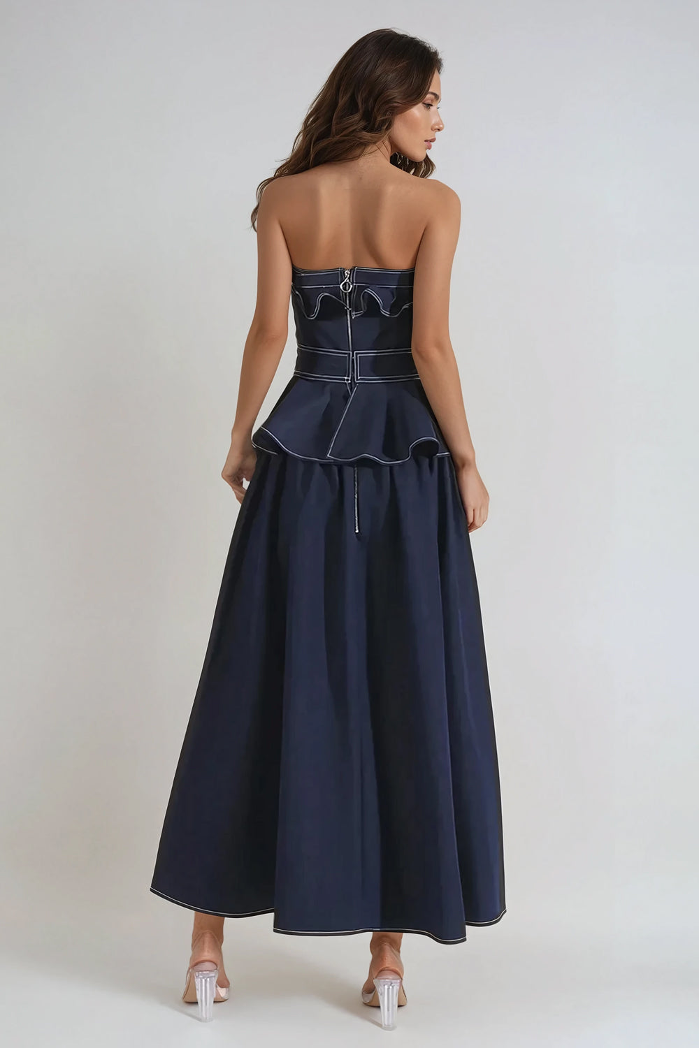 Strapless Ruffled Peplum Maxi Dress - Blue